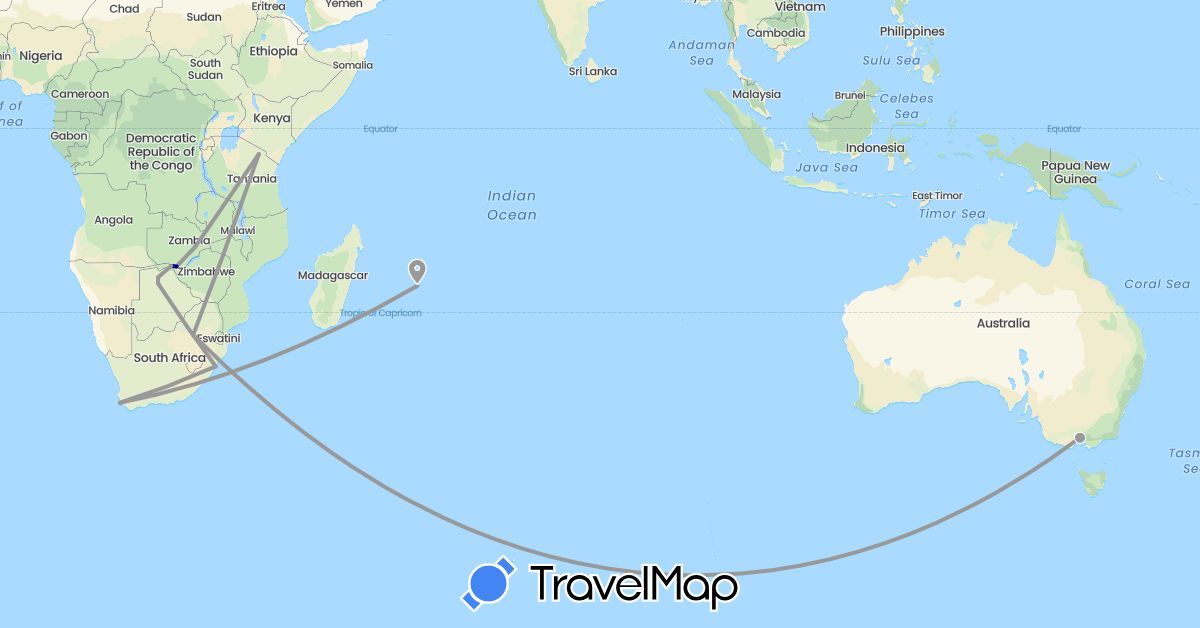 TravelMap itinerary: driving, plane in Australia, Botswana, Mauritius, Tanzania, South Africa, Zambia (Africa, Oceania)